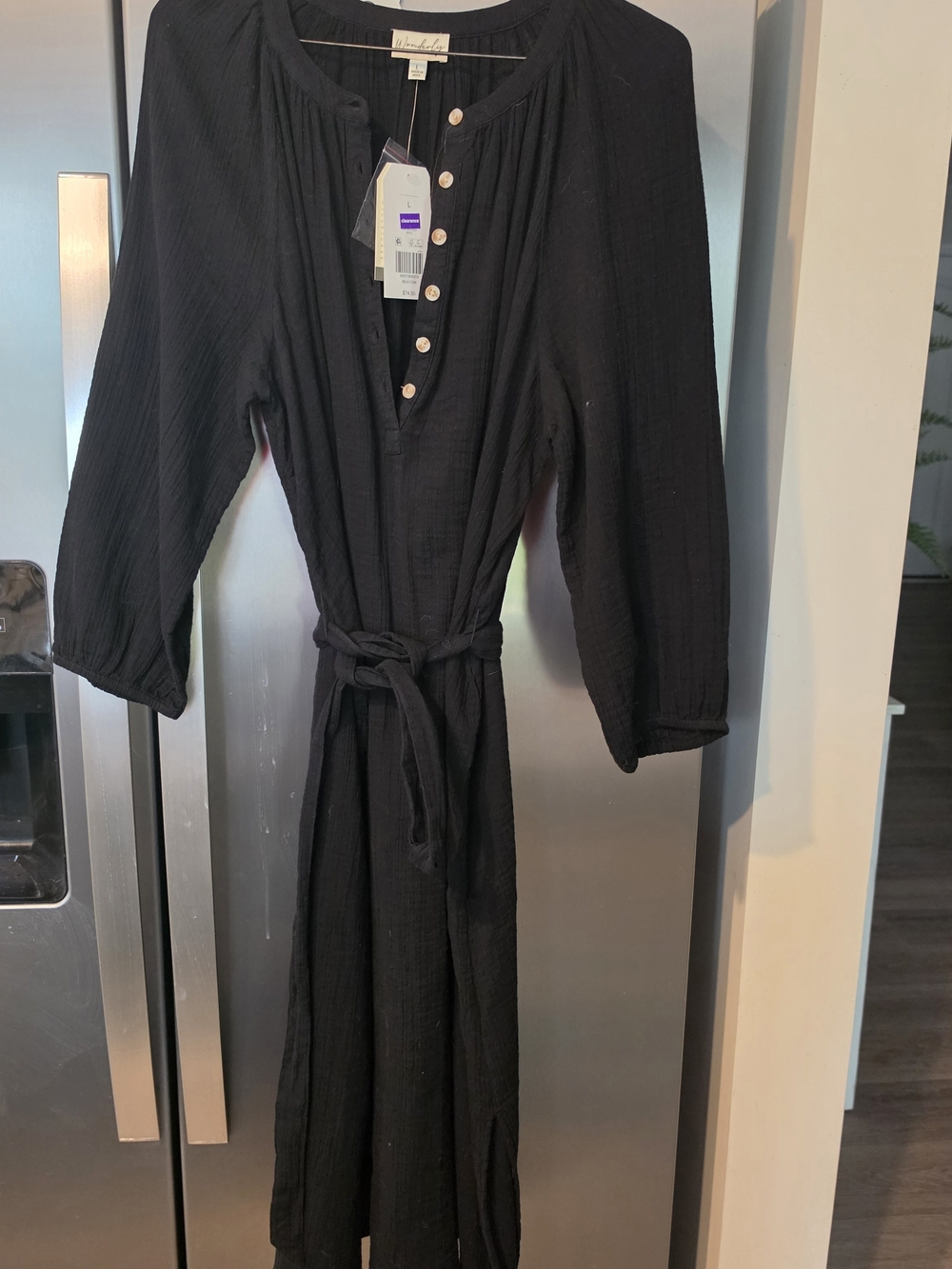 Wonderly Black Long Sleeve Button-Front Belted Dress